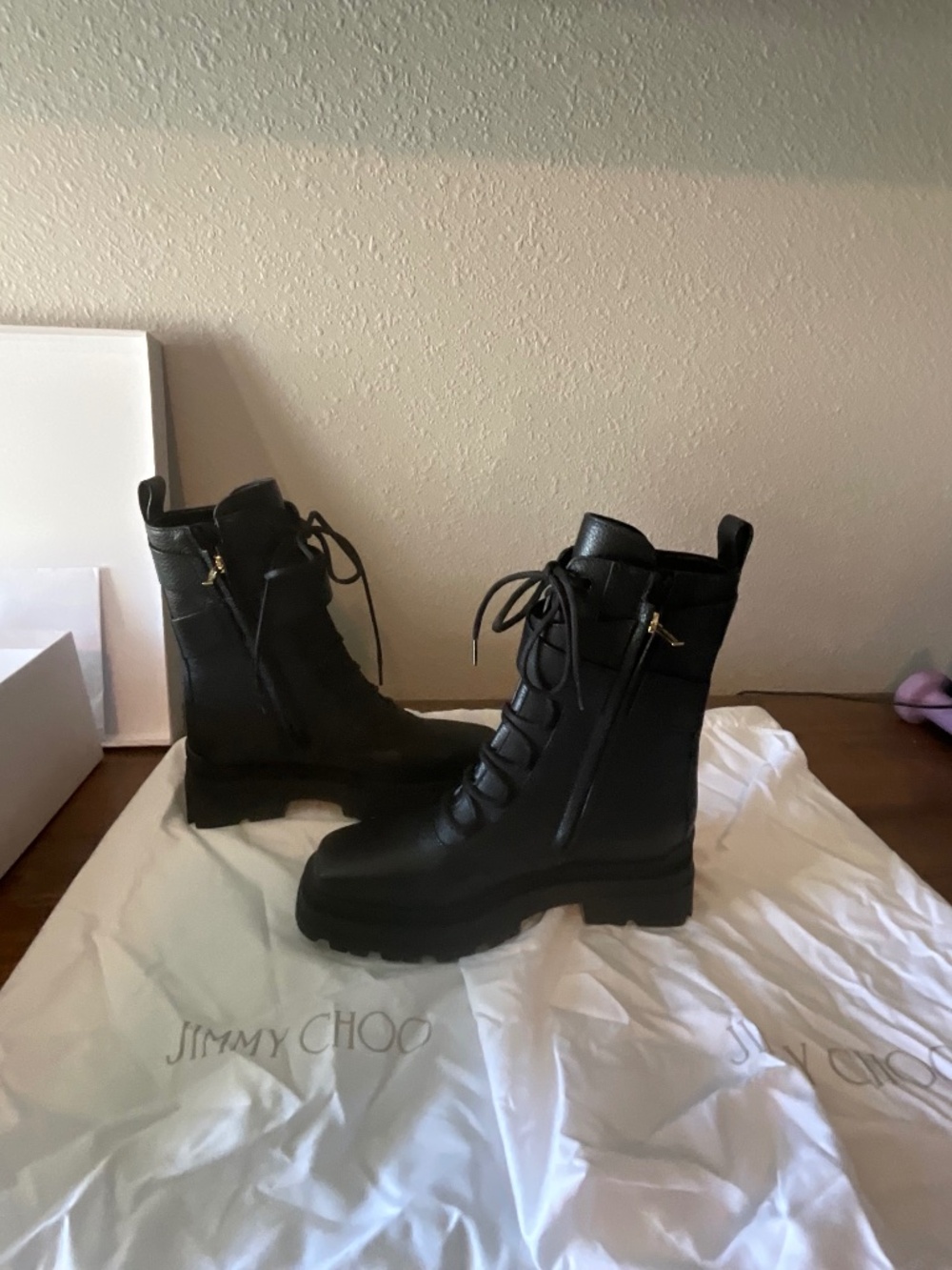 Jimmy Choo Black Leather Lace-Up Ankle Boots with Pearl Button - Size 7.5